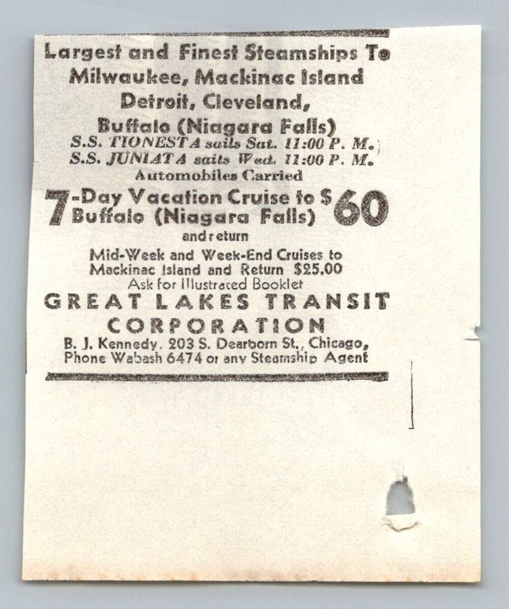 1930s Great Lakes Transit Steamship Cruise Ad Buffalo Niagara Falls Chicago